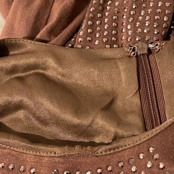 ESLEY Brown Sleeveless Mini Dress Studs Detailing Down The Front & Back Medium - Picture 7 of 8